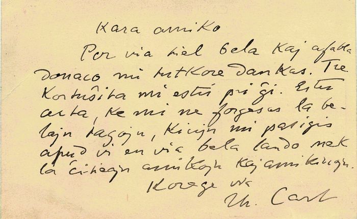 Korespondenční lístek od profesora T. Carta